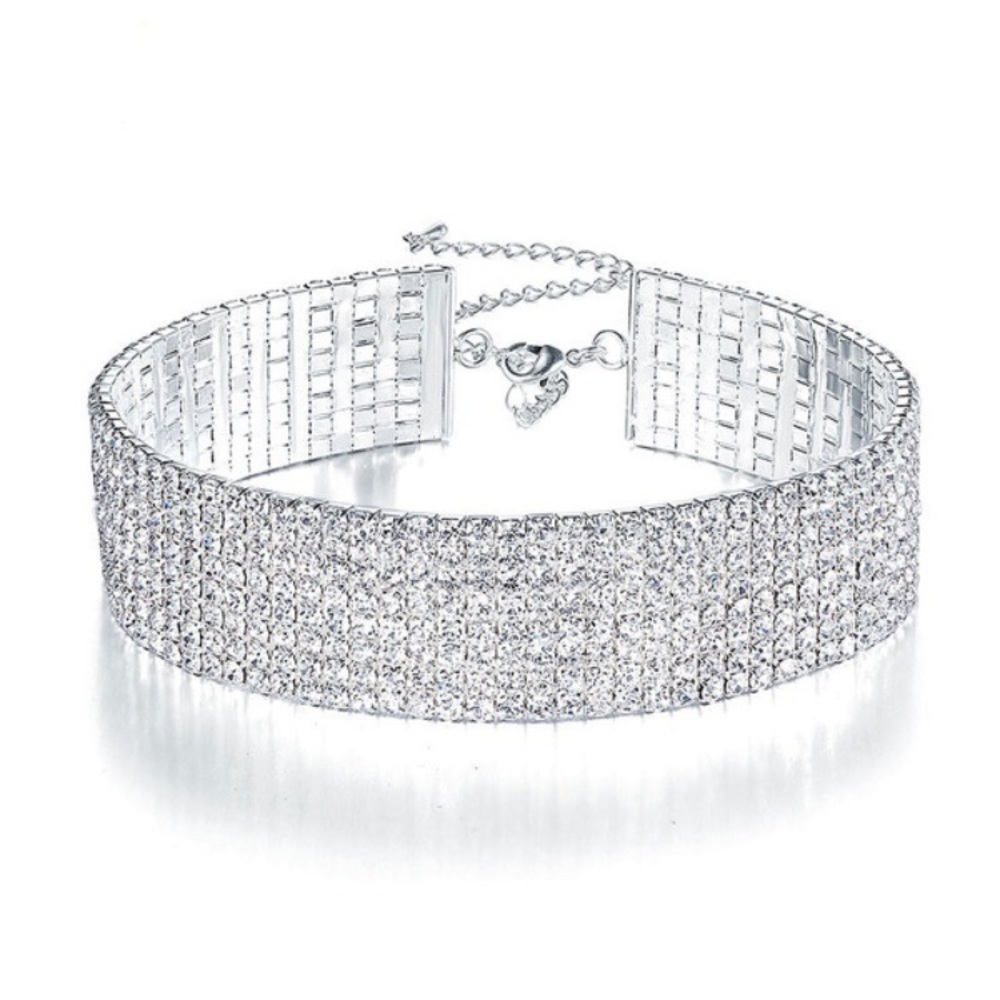 Disco 12 Row White Rhinestone Soft-Mesh Adjustable Choker - Picture 3 of 17